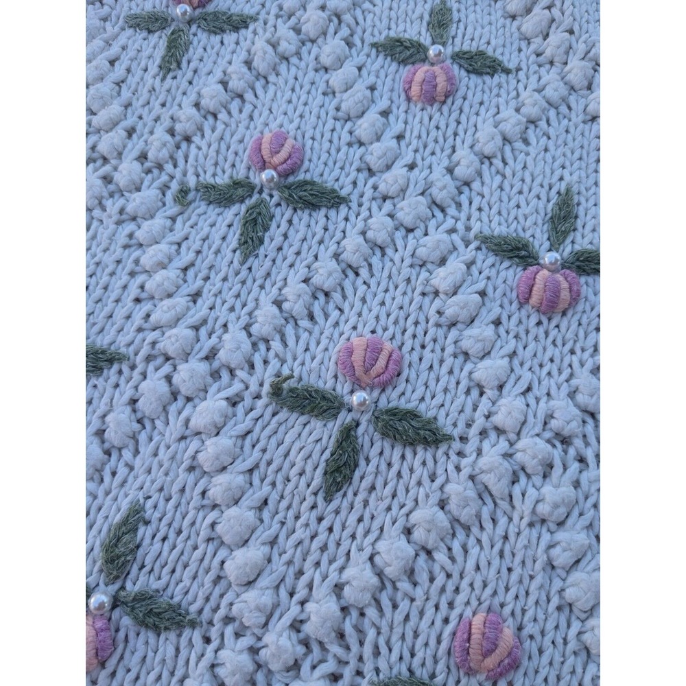 Vintage Pearl Bobble Knit Granny sweater rose bud lady slipper sz L 80s - Picture 10 of 10